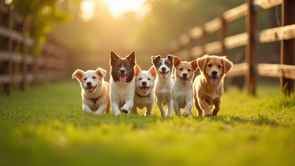 Perros felices jugando en una guardería canina campestre
