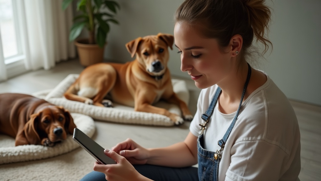 Cuidadora consultando las fichas de los peludos en su tablet